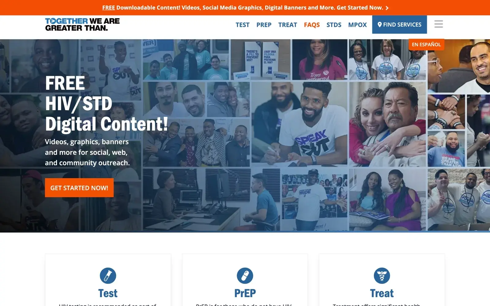 Greater Than homepage with a photo collage hero promoting free HIV and STD digital content